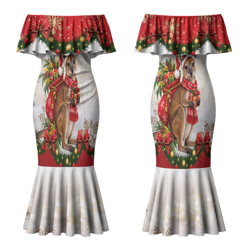 Personalised Wallaby Australia Christmas Couples Matching Mermaid Dress and Hawaiian Shirt Merry Xmas Bows