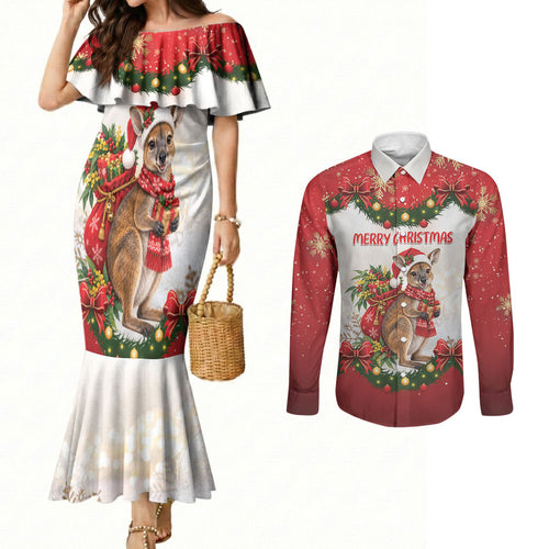 Personalised Wallaby Australia Christmas Couples Matching Mermaid Dress and Long Sleeve Button Shirt Merry Xmas Bows