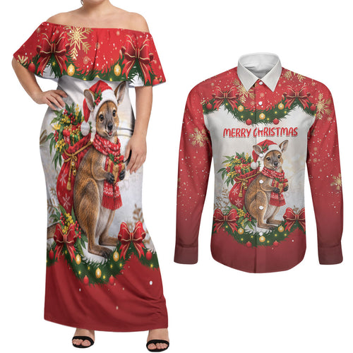 Personalised Wallaby Australia Christmas Couples Matching Off Shoulder Maxi Dress and Long Sleeve Button Shirt Merry Xmas Bows