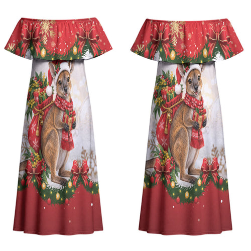 Personalised Wallaby Australia Christmas Couples Matching Off Shoulder Maxi Dress and Long Sleeve Button Shirt Merry Xmas Bows
