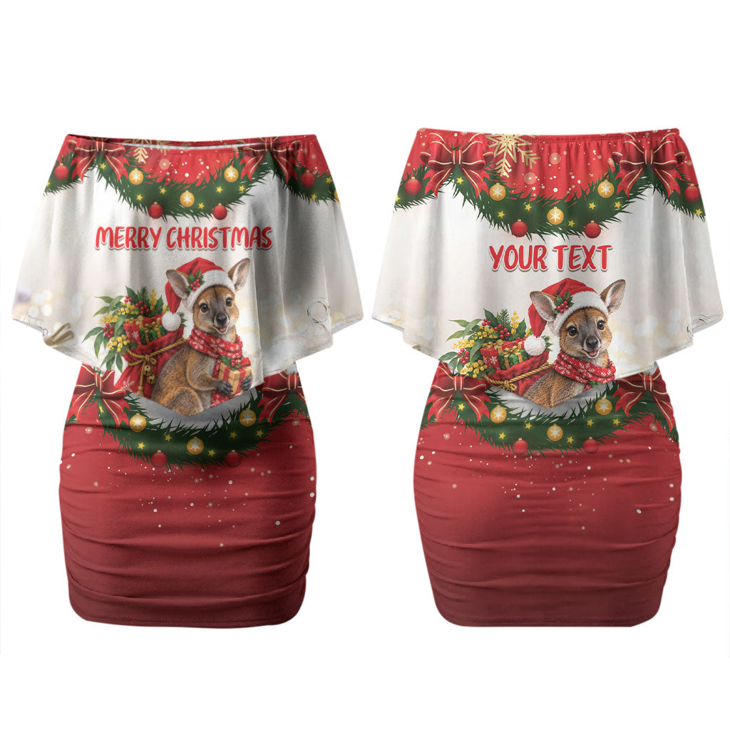 Personalised Wallaby Australia Christmas Couples Matching Off Shoulder Short Dress and Hawaiian Shirt Merry Xmas Bows