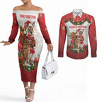 Personalised Wallaby Australia Christmas Couples Matching Off The Shoulder Long Sleeve Dress and Long Sleeve Button Shirt Merry Xmas Bows