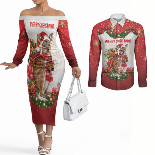 Personalised Wallaby Australia Christmas Couples Matching Off The Shoulder Long Sleeve Dress and Long Sleeve Button Shirt Merry Xmas Bows