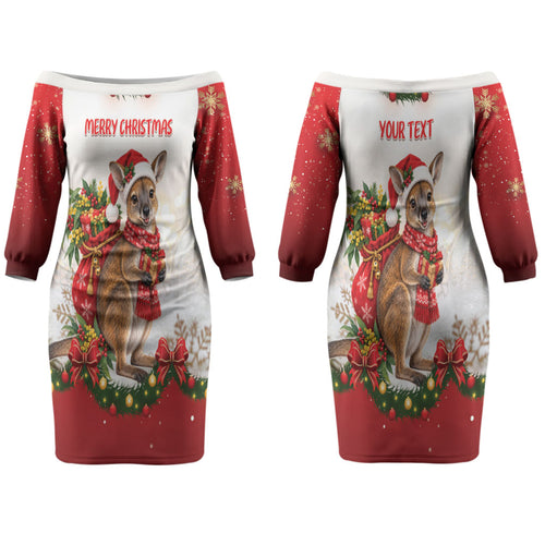 Personalised Wallaby Australia Christmas Couples Matching Off The Shoulder Long Sleeve Dress and Long Sleeve Button Shirt Merry Xmas Bows