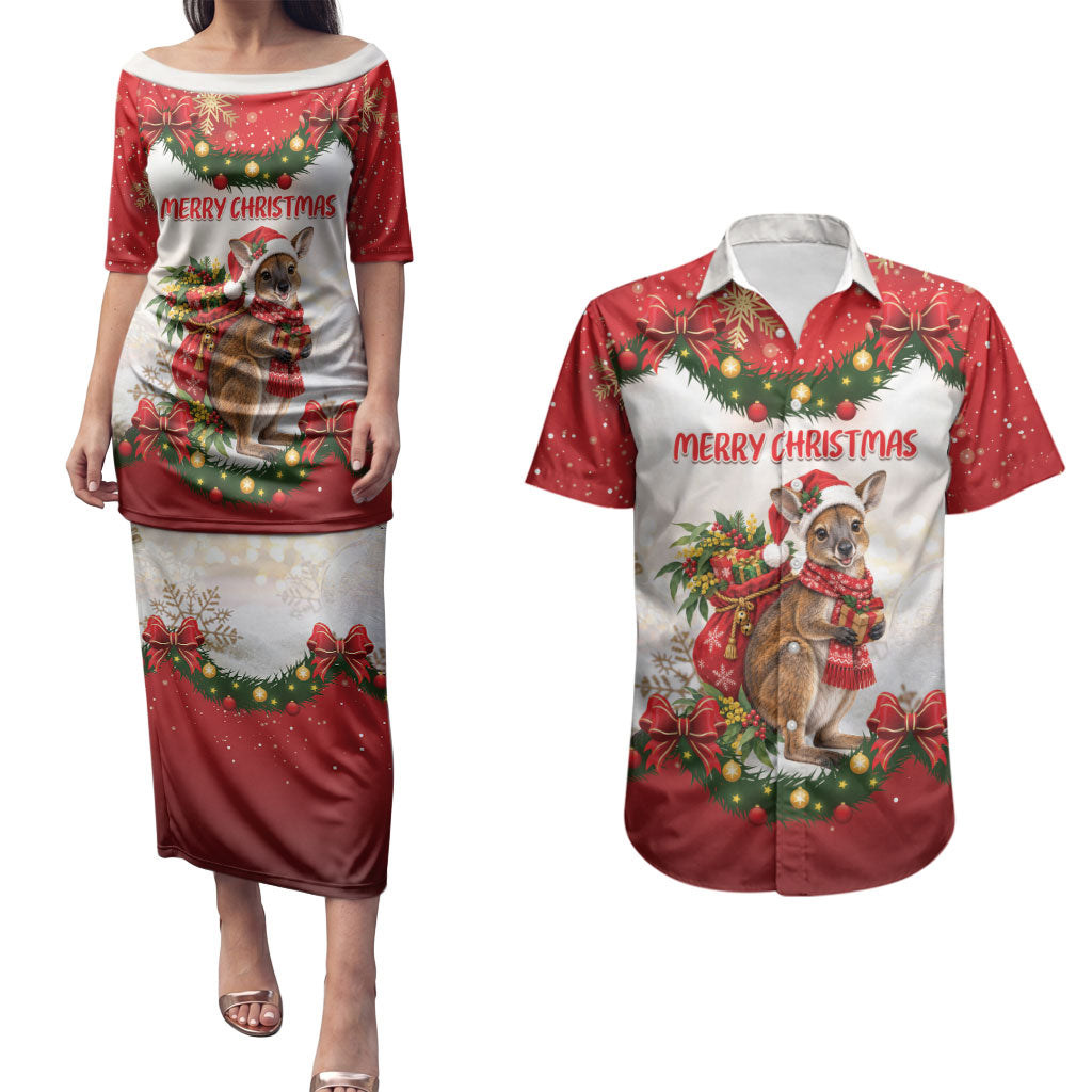Personalised Wallaby Australia Christmas Couples Matching Puletasi and Hawaiian Shirt Merry Xmas Bows