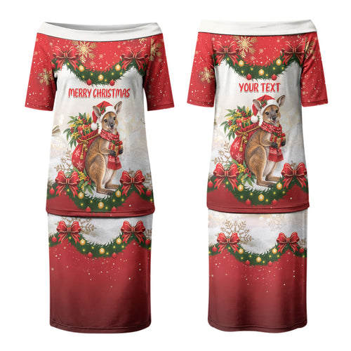 Personalised Wallaby Australia Christmas Couples Matching Puletasi and Hawaiian Shirt Merry Xmas Bows