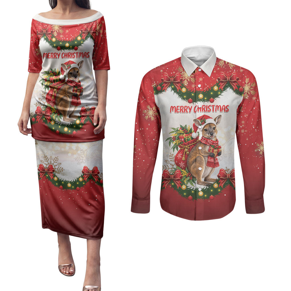 Personalised Wallaby Australia Christmas Couples Matching Puletasi and Long Sleeve Button Shirt Merry Xmas Bows