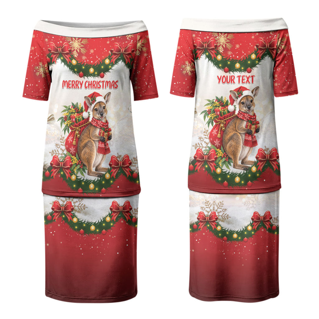 Personalised Wallaby Australia Christmas Couples Matching Puletasi and Long Sleeve Button Shirt Merry Xmas Bows