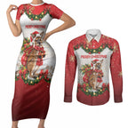 Personalised Wallaby Australia Christmas Couples Matching Short Sleeve Bodycon Dress and Long Sleeve Button Shirt Merry Xmas Bows