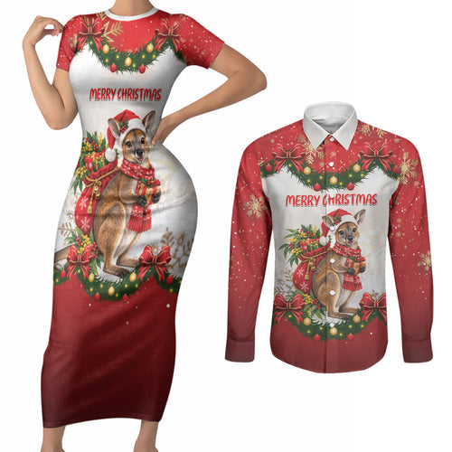 Personalised Wallaby Australia Christmas Couples Matching Short Sleeve Bodycon Dress and Long Sleeve Button Shirt Merry Xmas Bows