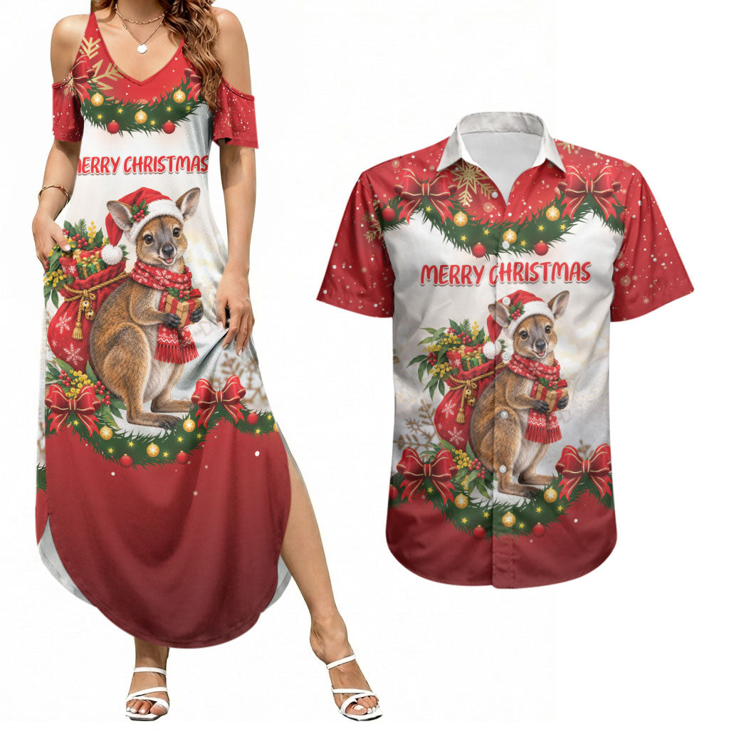 Personalised Wallaby Australia Christmas Couples Matching Summer Maxi Dress and Hawaiian Shirt Merry Xmas Bows