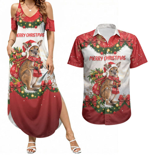 Personalised Wallaby Australia Christmas Couples Matching Summer Maxi Dress and Hawaiian Shirt Merry Xmas Bows