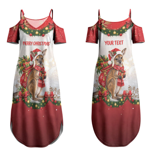 Personalised Wallaby Australia Christmas Couples Matching Summer Maxi Dress and Hawaiian Shirt Merry Xmas Bows