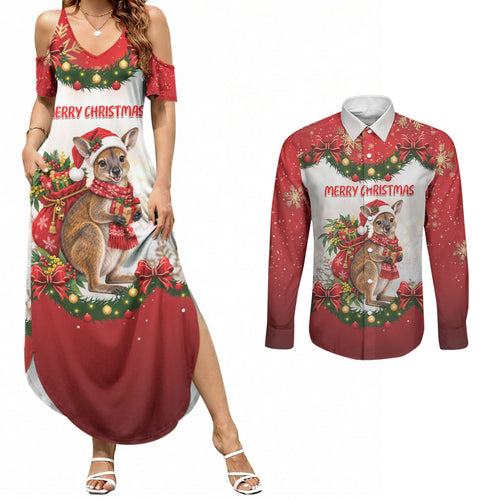 Personalised Wallaby Australia Christmas Couples Matching Summer Maxi Dress and Long Sleeve Button Shirt Merry Xmas Bows