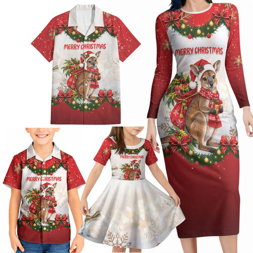 Personalised Wallaby Australia Christmas Family Matching Long Sleeve Bodycon Dress and Hawaiian Shirt Merry Xmas Bows