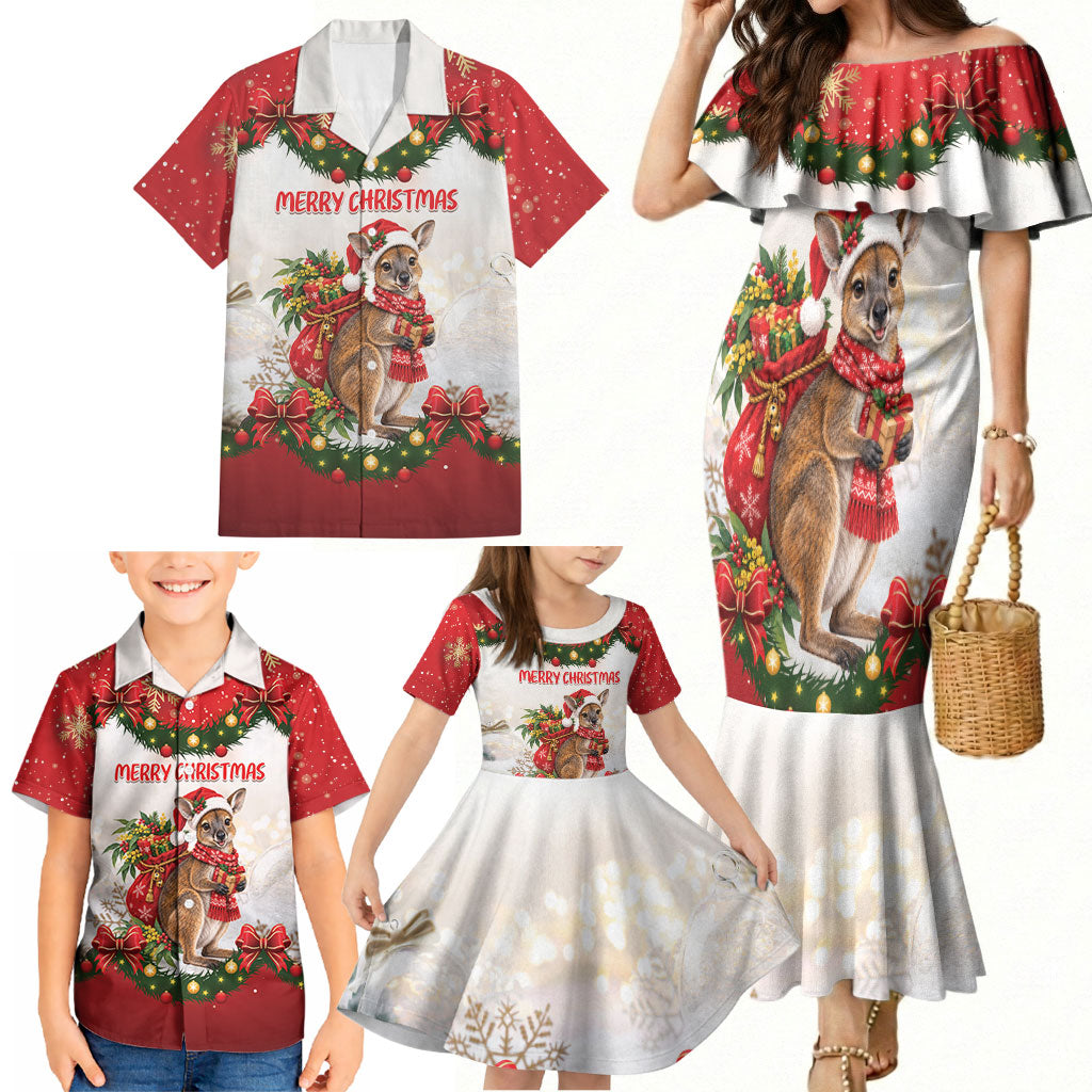 Personalised Wallaby Australia Christmas Family Matching Mermaid Dress and Hawaiian Shirt Merry Xmas Bows