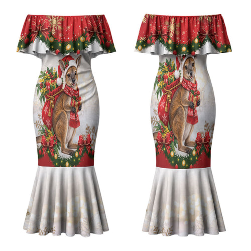 Personalised Wallaby Australia Christmas Family Matching Mermaid Dress and Hawaiian Shirt Merry Xmas Bows