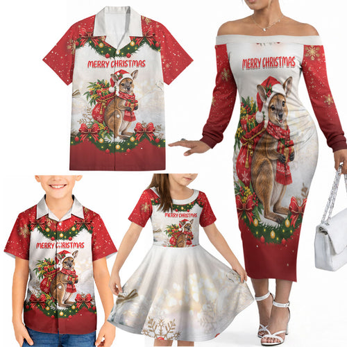 Personalised Wallaby Australia Christmas Family Matching Off The Shoulder Long Sleeve Dress and Hawaiian Shirt Merry Xmas Bows