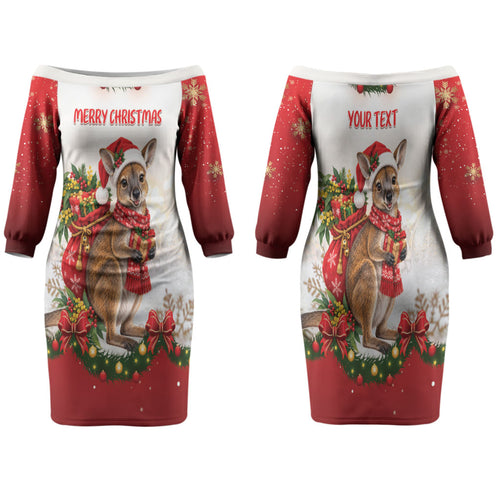 Personalised Wallaby Australia Christmas Family Matching Off The Shoulder Long Sleeve Dress and Hawaiian Shirt Merry Xmas Bows