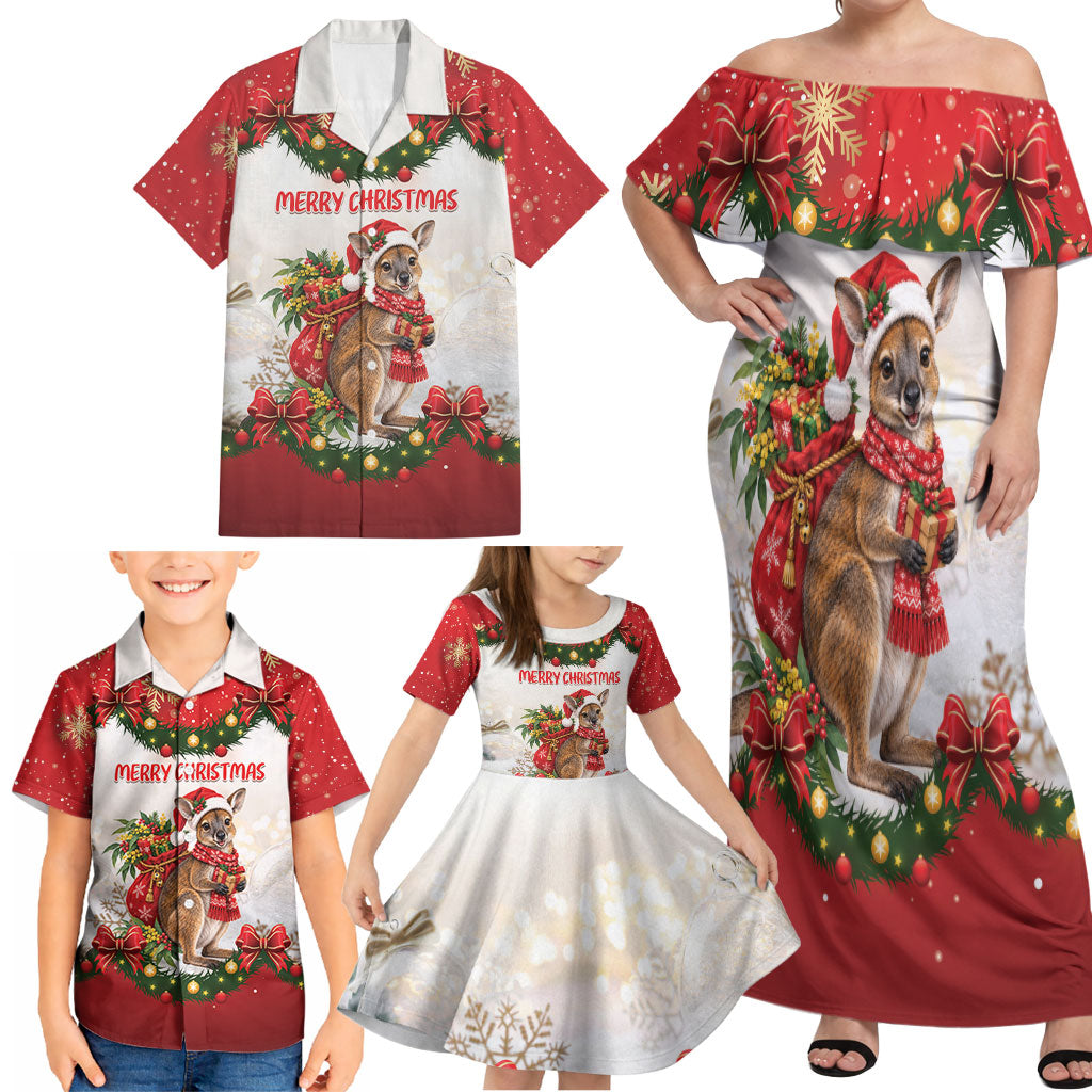 Personalised Wallaby Australia Christmas Family Matching Off Shoulder Maxi Dress and Hawaiian Shirt Merry Xmas Bows