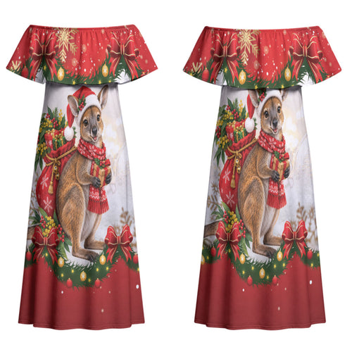 Personalised Wallaby Australia Christmas Family Matching Off Shoulder Maxi Dress and Hawaiian Shirt Merry Xmas Bows