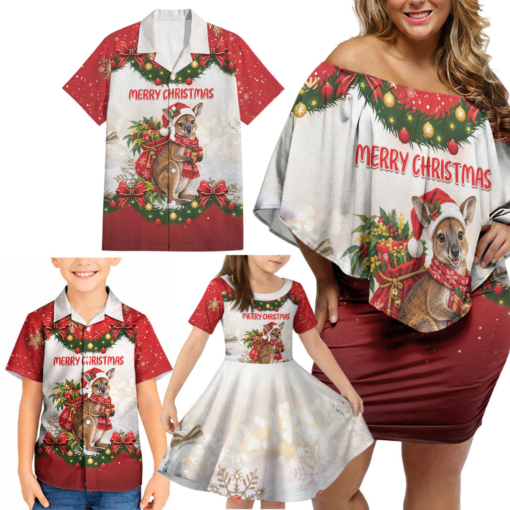 Personalised Wallaby Australia Christmas Family Matching Off Shoulder Short Dress and Hawaiian Shirt Merry Xmas Bows