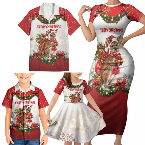 Personalised Wallaby Australia Christmas Family Matching Short Sleeve Bodycon Dress and Hawaiian Shirt Merry Xmas Bows