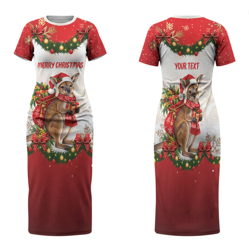 Personalised Wallaby Australia Christmas Family Matching Short Sleeve Bodycon Dress and Hawaiian Shirt Merry Xmas Bows
