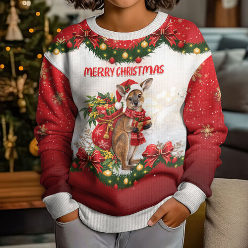 Personalised Wallaby Australia Christmas Kid Ugly Christmas Sweater Merry Xmas Bows