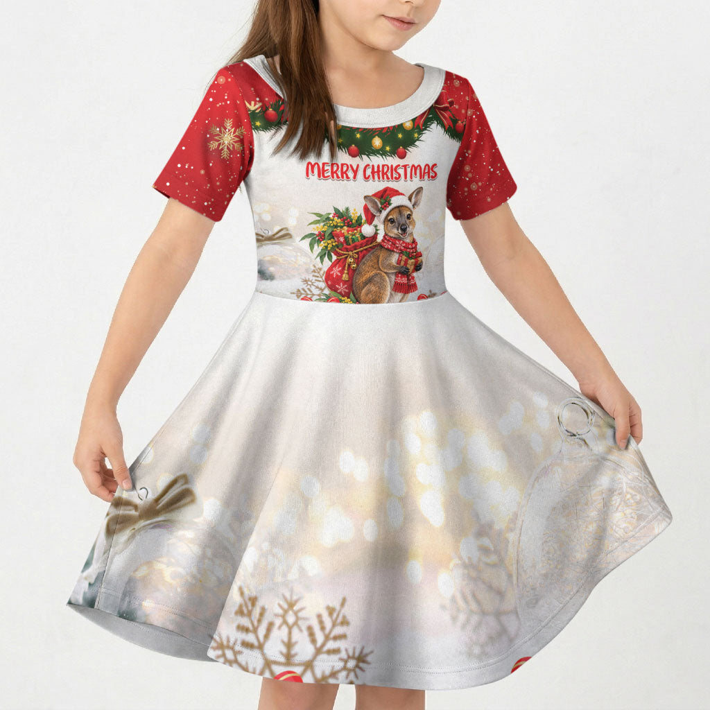 Personalised Wallaby Australia Christmas Kid Short Sleeve Dress Merry Xmas Bows