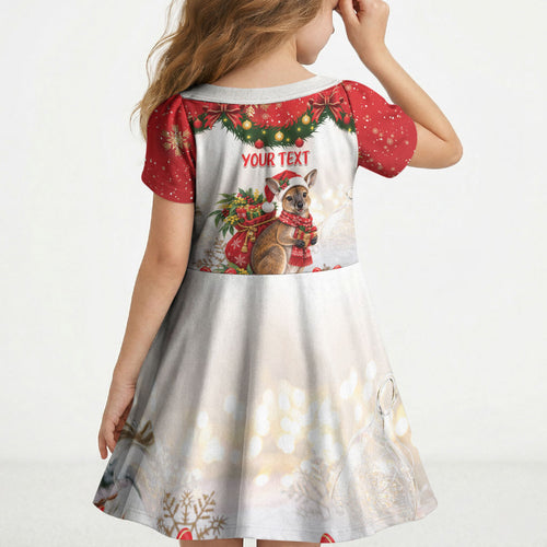 Personalised Wallaby Australia Christmas Kid Short Sleeve Dress Merry Xmas Bows