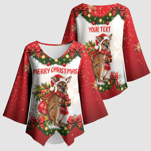 Personalised Wallaby Australia Christmas Kimono Sleeve Blouse Merry Xmas Bows