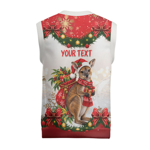 Personalised Wallaby Australia Christmas Knitted V-Neck Vest Merry Xmas Bows