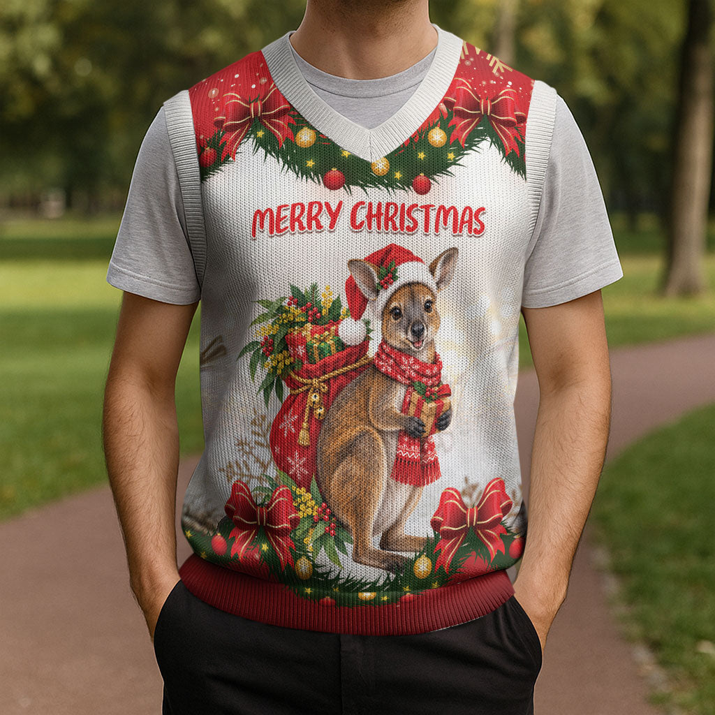 Personalised Wallaby Australia Christmas Knitted V-Neck Vest Merry Xmas Bows