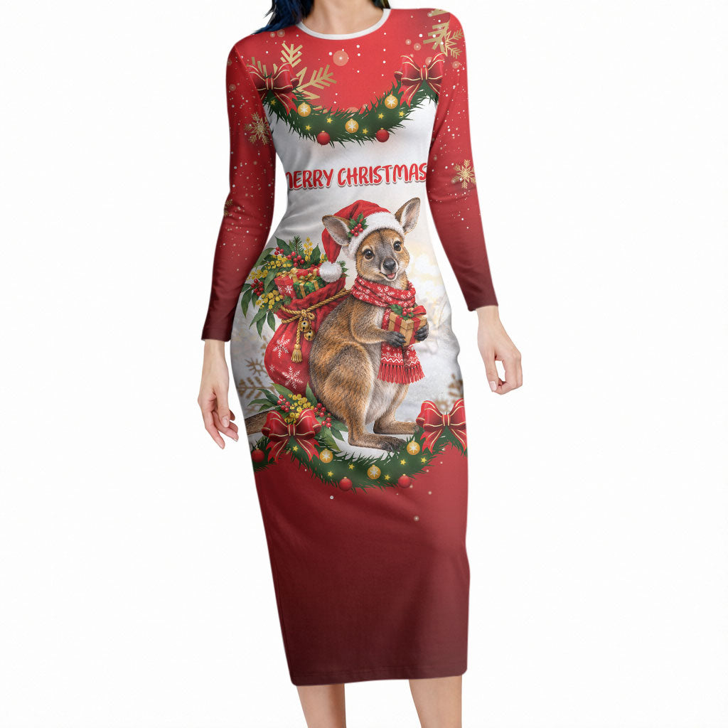 Personalised Wallaby Australia Christmas Long Sleeve Bodycon Dress Merry Xmas Bows