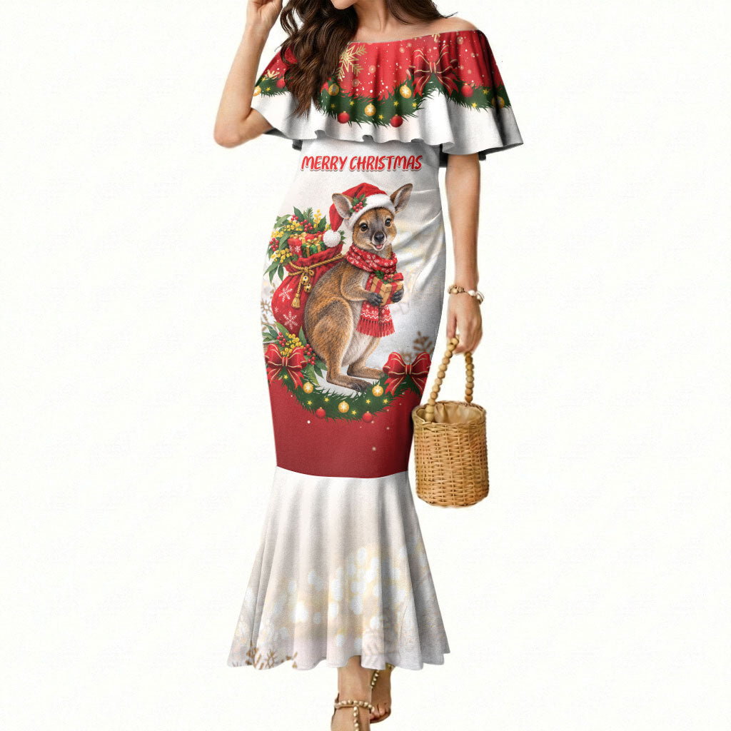 Personalised Wallaby Australia Christmas Mermaid Dress Merry Xmas Bows