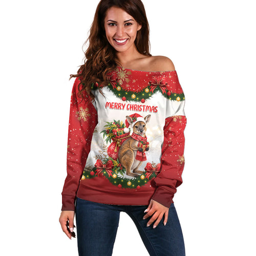 Personalised Wallaby Australia Christmas Off Shoulder Sweater Merry Xmas Bows