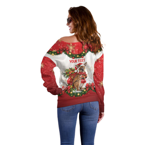 Personalised Wallaby Australia Christmas Off Shoulder Sweater Merry Xmas Bows