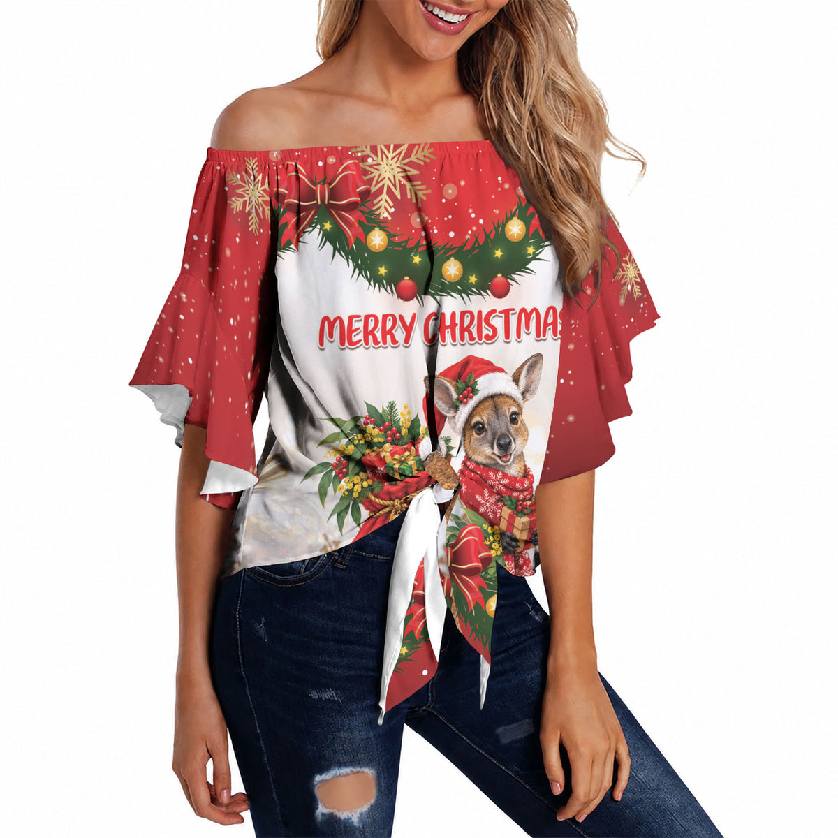 Personalised Wallaby Australia Christmas Off Shoulder Wrap Waist Top Merry Xmas Bows