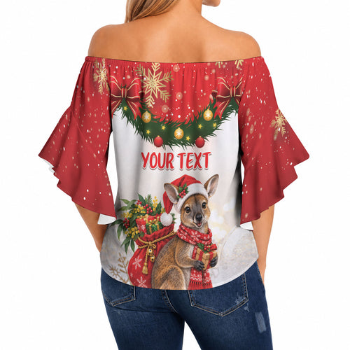 Personalised Wallaby Australia Christmas Off Shoulder Wrap Waist Top Merry Xmas Bows