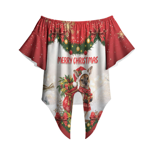 Personalised Wallaby Australia Christmas Off Shoulder Wrap Waist Top Merry Xmas Bows