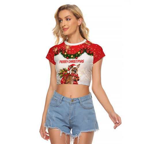 Personalised Wallaby Australia Christmas Raglan Cropped T Shirt Merry Xmas Bows
