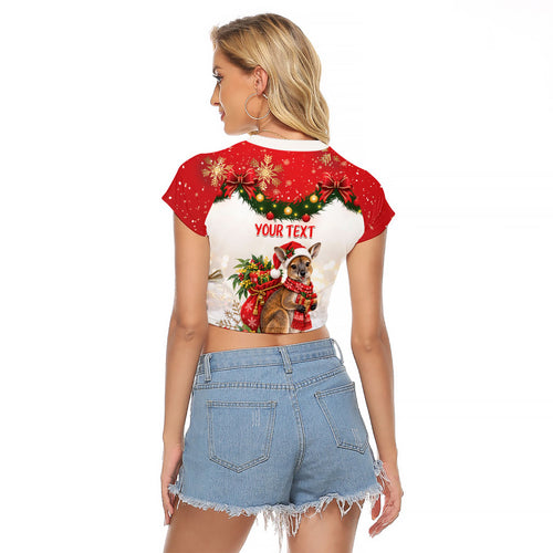 Personalised Wallaby Australia Christmas Raglan Cropped T Shirt Merry Xmas Bows