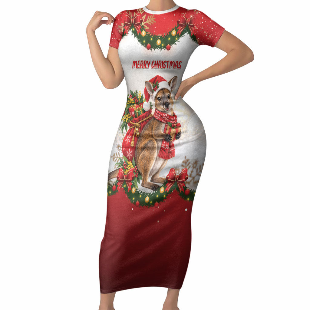Personalised Wallaby Australia Christmas Short Sleeve Bodycon Dress Merry Xmas Bows