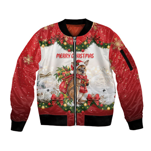 Personalised Wallaby Australia Christmas Sleeve Zip Bomber Jacket Merry Xmas Bows