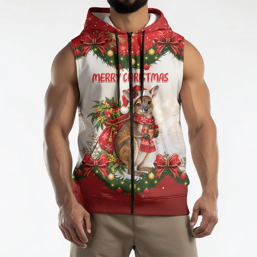 Personalised Wallaby Australia Christmas Sleeveless Zip Hoodie Merry Xmas Bows