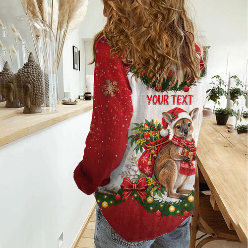 Personalised Wallaby Australia Christmas Women Casual Shirt Merry Xmas Bows
