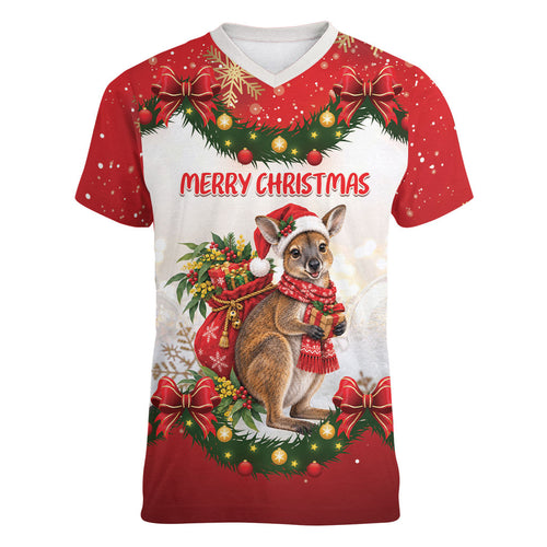 Personalised Wallaby Australia Christmas Women V-Neck T-Shirt Merry Xmas Bows
