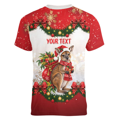Personalised Wallaby Australia Christmas Women V-Neck T-Shirt Merry Xmas Bows