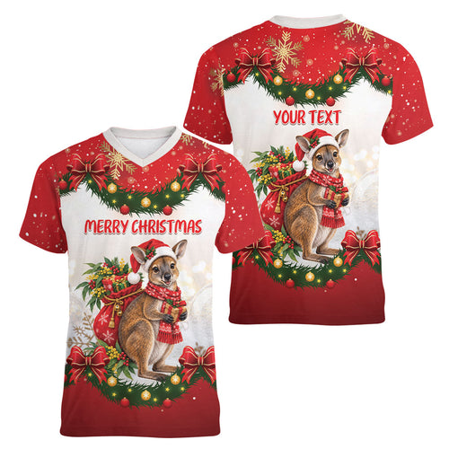 Personalised Wallaby Australia Christmas Women V-Neck T-Shirt Merry Xmas Bows